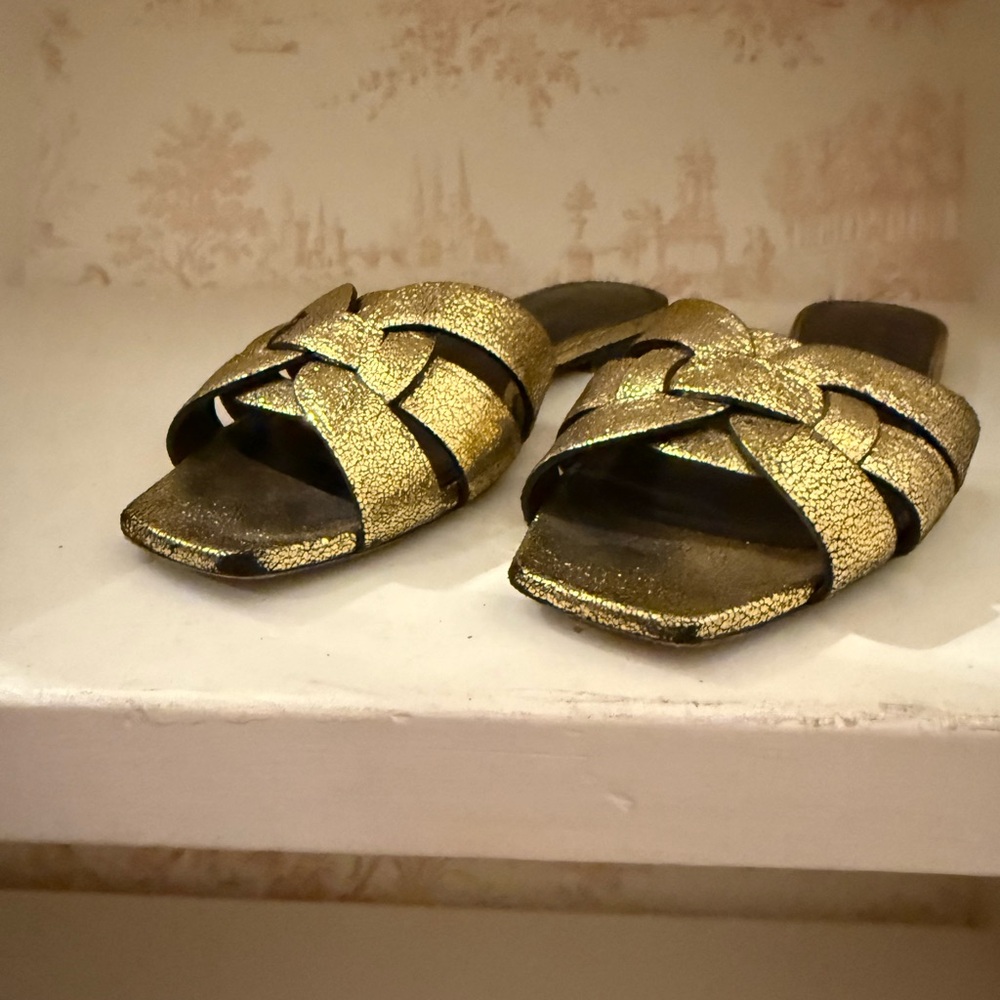 YSL tribute flat sandal slides gold